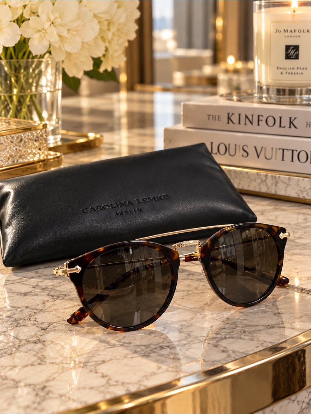 Carolina Lemke CL9035-2 Tortoise Gold Cat Eye Sunglasses NWT + Case